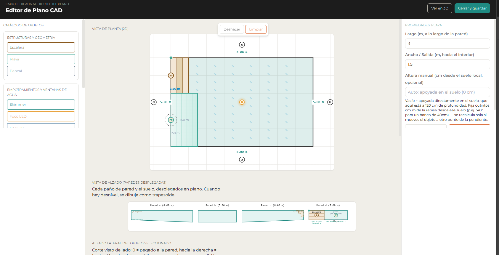 Editor de plano CAD de Vallimper, con vista de planta 2D y visor 3D de una piscina
